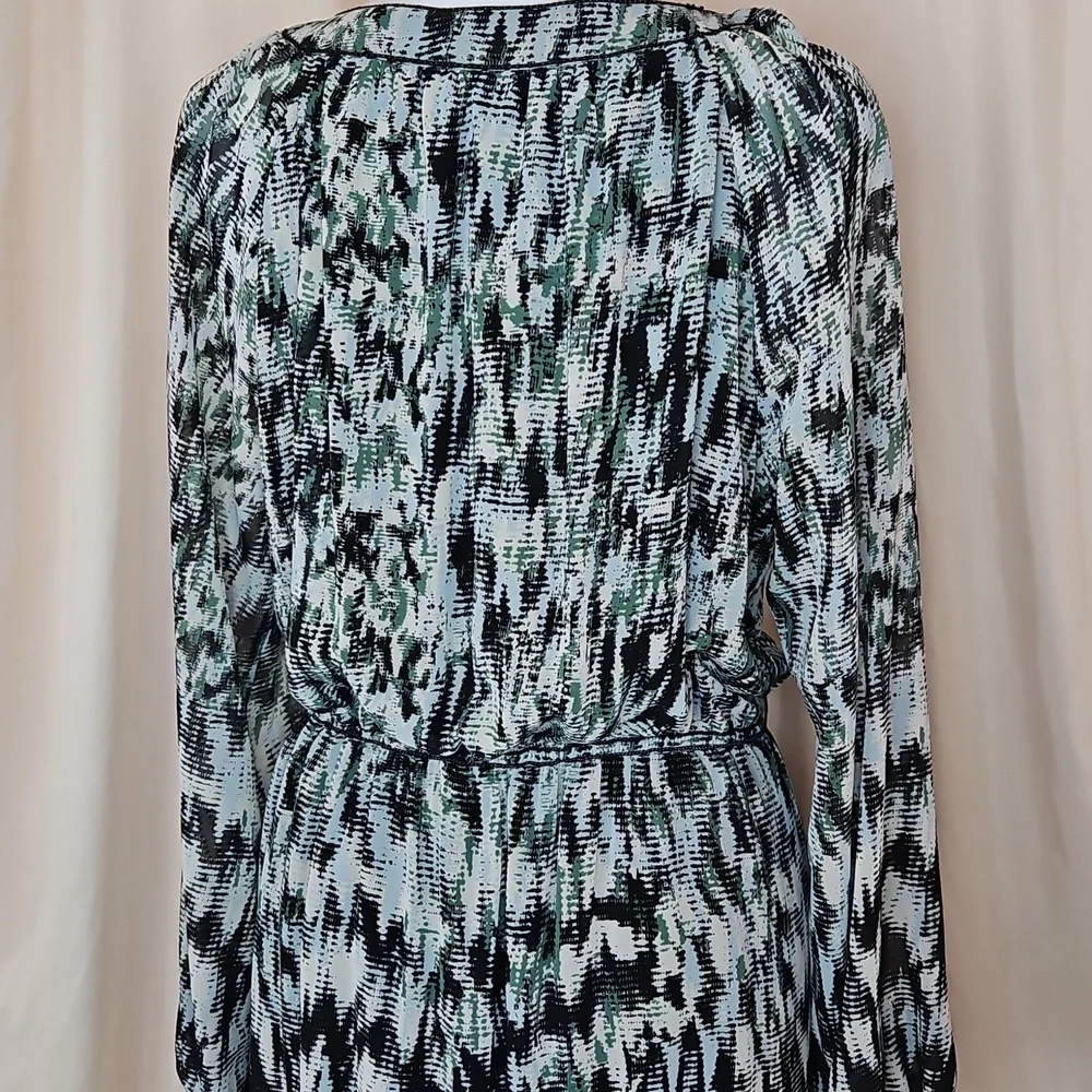 Max Edition Abstract Blouson Dress Womens Large Cinched Waist Long Sleeve Office